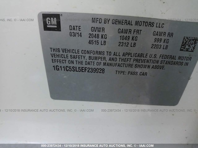 1G11C5SL5EF239928 - 2014 CHEVROLET MALIBU 1LT WHITE photo 9