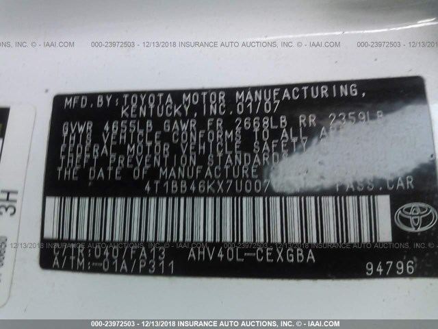 4T1BB46KX7U007071 - 2007 TOYOTA CAMRY NEW GENERAT HYBRID WHITE photo 9