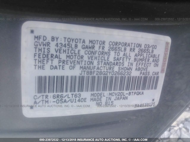 JT8BF28G2Y0266232 - 2000 LEXUS ES 300 GRAY photo 9