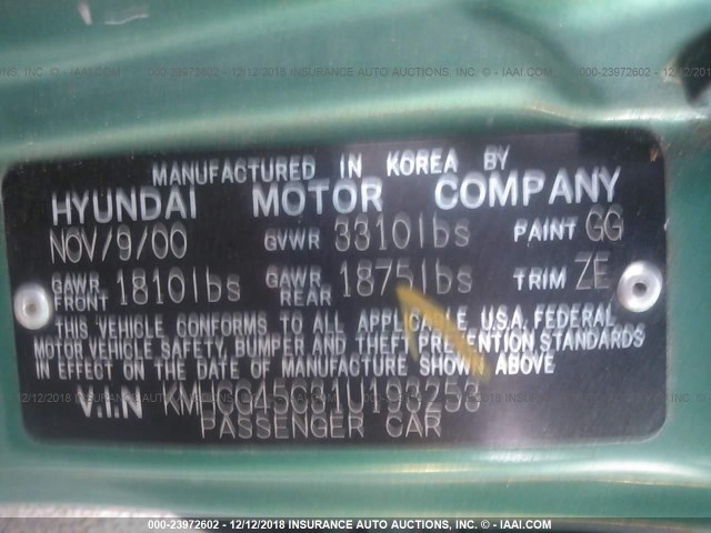 KMHCG45C31U193253 - 2001 HYUNDAI ACCENT GL GREEN photo 9