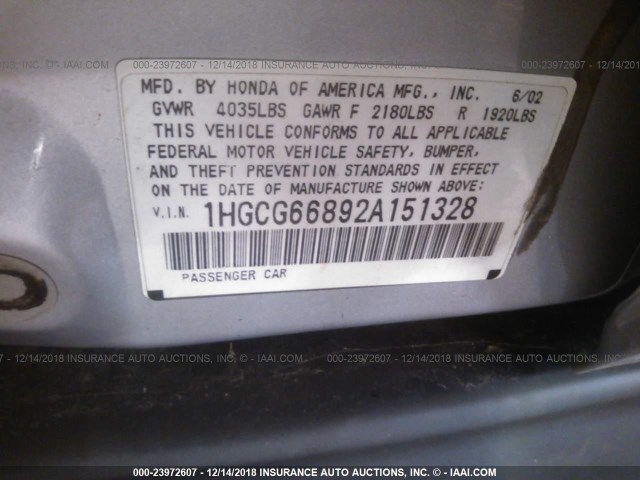 1HGCG66892A151328 - 2002 HONDA ACCORD EX/SE GRAY photo 9