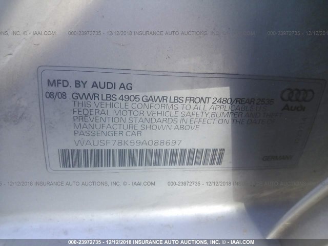 WAUSF78K59A088697 - 2009 AUDI A4 PREMIUM PLUS SILVER photo 9