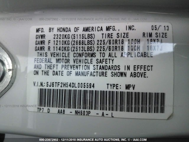 5J6TF2H54DL005594 - 2013 HONDA CROSSTOUR EXL თეთრი ფოტო 9