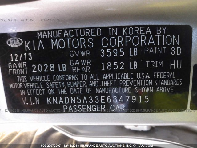 KNADN5A33E6347915 - 2014 KIA RIO EX SILVER photo 9