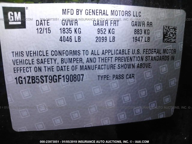 1G1ZB5ST9GF190807 - 2016 CHEVROLET MALIBU LS 黑色 照片 9