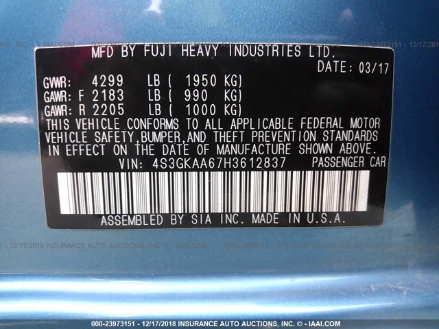 4S3GKAA67H3612837 - 2017 SUBARU IMPREZA BLUE photo 9