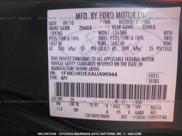 1FMEU6DE5AUA96944 - 2010 FORD EXPLORER XLT GRAY photo 9