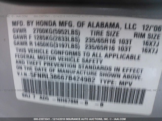 5FNRL38667B424982 - 2007 HONDA ODYSSEY EXL GRAY photo 9