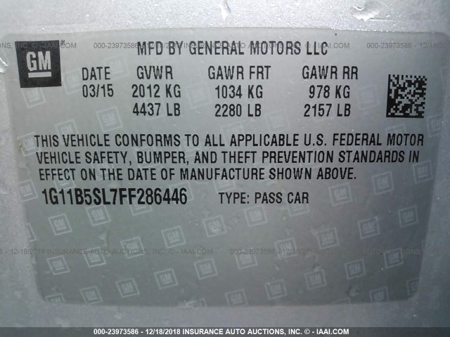 1G11B5SL7FF286446 - 2015 CHEVROLET MALIBU LS 银色 照片 9