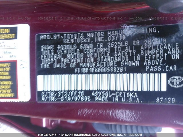 4T1BF1FK6GU588281 - 2016 TOYOTA CAMRY LE/XLE/SE/XSE წითელი ფოტო 9