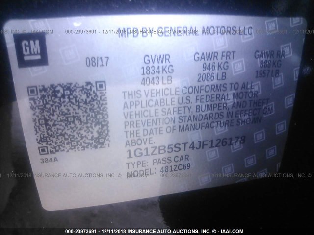 1G1ZB5ST4JF126178 - 2018 CHEVROLET MALIBU LS BLACK photo 9