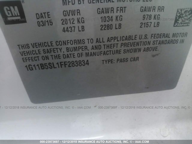 1G11B5SL1FF283834 - 2015 CHEVROLET MALIBU LS Ақ фото 9