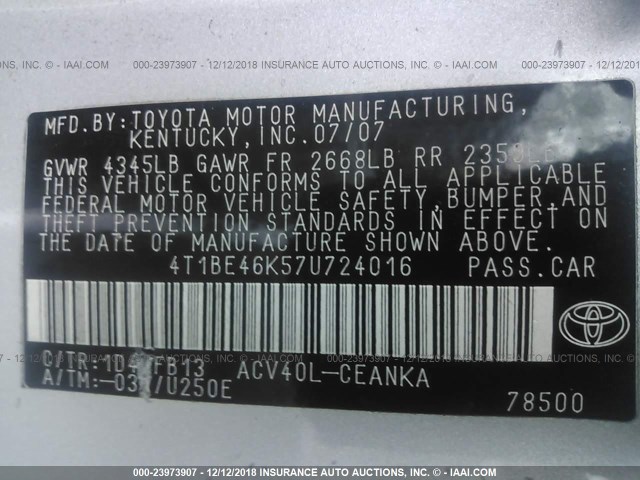 4T1BE46K57U724016 - 2007 TOYOTA CAMRY NEW GENERAT CE/LE/XLE/SE SILVER photo 9