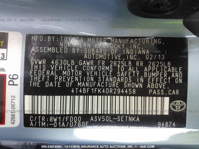 4T4BF1FK4DR294458 - 2013 TOYOTA CAMRY L/SE/LE/XLE 浅蓝色 照片 9
