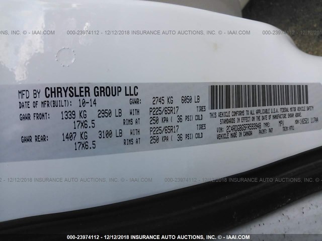 2C4RDGBG5FR593948 - 2015 DODGE GRAND CARAVAN SE WHITE photo 9