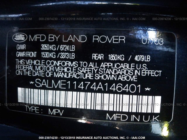 SALME11474A146401 - 2004 LAND ROVER RANGE ROVER HSE BLACK photo 9