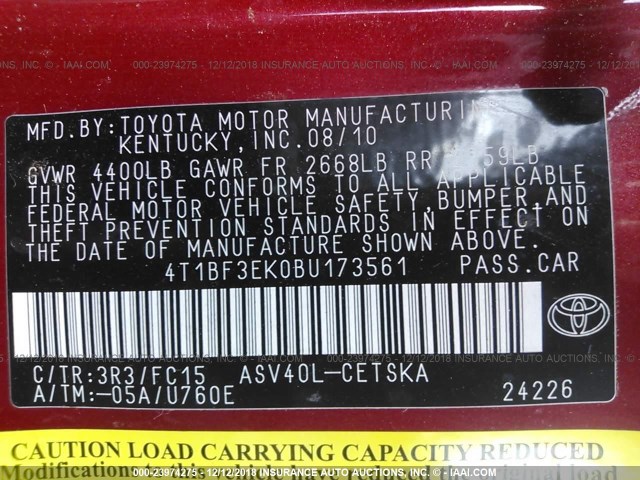 4T1BF3EK0BU173561 - 2011 TOYOTA CAMRY SE/LE/XLE RED photo 9