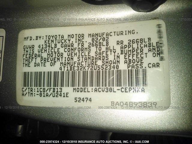 4T1BE32K72U552340 - 2002 TOYOTA CAMRY LE/XLE/SE SILVER photo 9