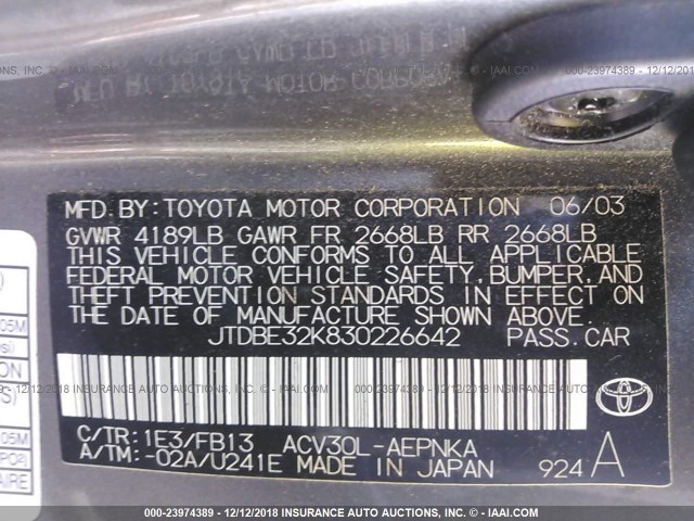 JTDBE32K830226642 - 2003 TOYOTA CAMRY LE/XLE 棕色 照片 9