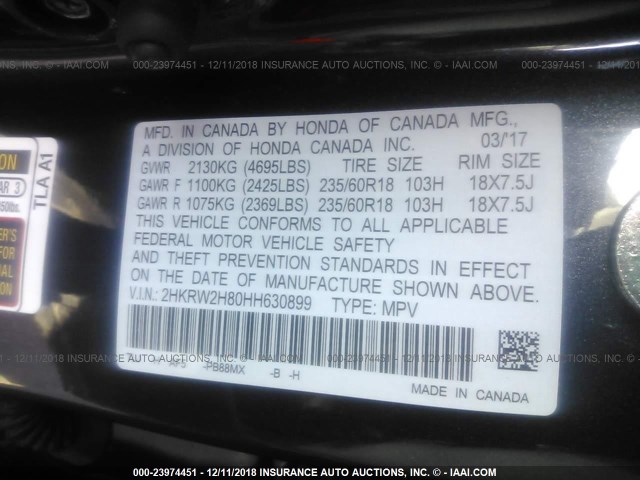 2HKRW2H80HH630899 - 2017 HONDA CR-V EXL GRAY photo 9