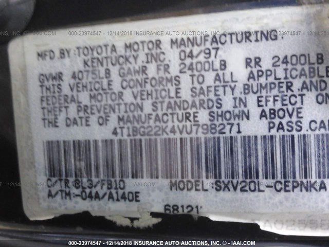 4T1BG22K4VU798271 - 1997 TOYOTA CAMRY CE/LE/XLE BLUE photo 9