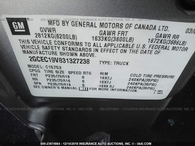 2GCEC19V831327238 - 2003 CHEVROLET SILVERADO C1500 SILVER photo 9