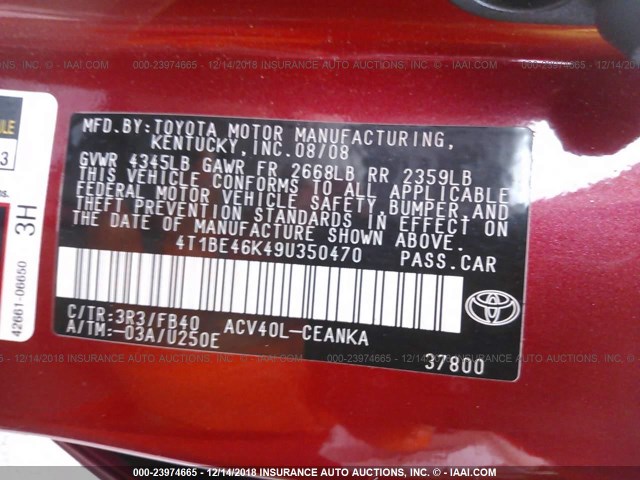 4T1BE46K49U350470 - 2009 TOYOTA CAMRY SE/LE/XLE RED photo 9