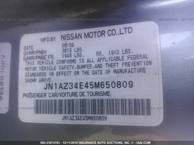 JN1AZ34E45M650809 - 2005 NISSAN 350Z COUPE GRAY photo 9