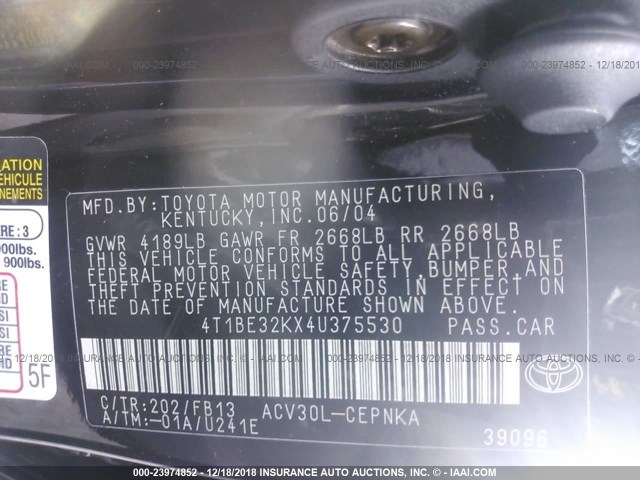 4T1BE32KX4U375530 - 2004 TOYOTA CAMRY LE/XLE/SE BLACK photo 9