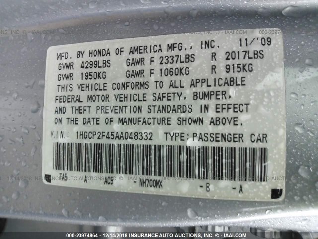 1HGCP2F45AA048332 - 2010 HONDA ACCORD LXP SILVER photo 9