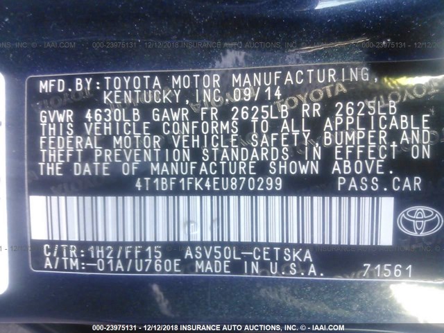 4T1BF1FK4EU870299 - 2014 TOYOTA CAMRY L/SE/LE/XLE 黑色 照片 9