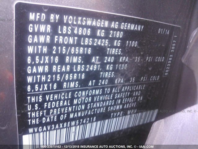 WVGAV3AX8EW574218 - 2014 VOLKSWAGEN TIGUAN S/SE/SEL/R-LINE GRAY photo 9