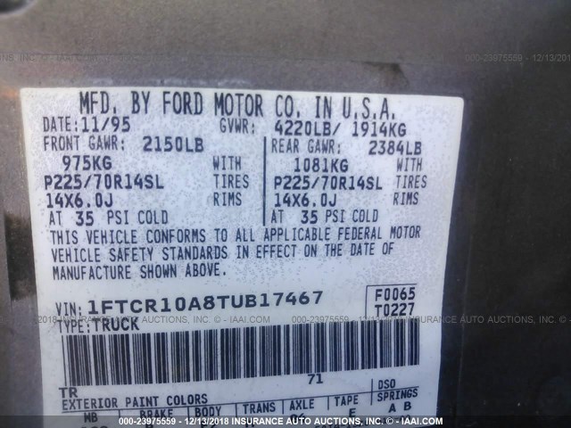 1FTCR10A8TUB17467 - 1996 FORD RANGER GRAY photo 9