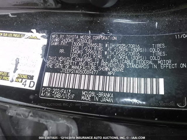 JTEEP21A050089477 - 2005 TOYOTA HIGHLANDER LIMITED BLACK photo 9