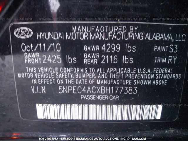 5NPEC4ACXBH177383 - 2011 HYUNDAI SONATA SE/LIMITED BLACK photo 9