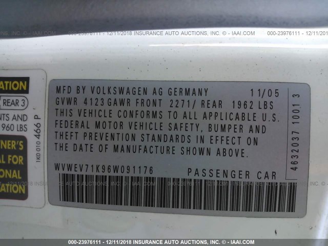 WVWEV71K96W091176 - 2006 VOLKSWAGEN NEW GTI WHITE photo 9