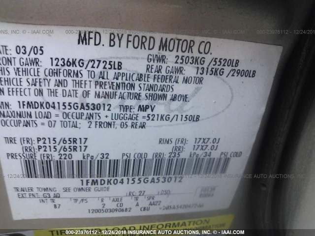 1FMDK04155GA53012 - 2005 FORD FREESTYLE SE TAN photo 9