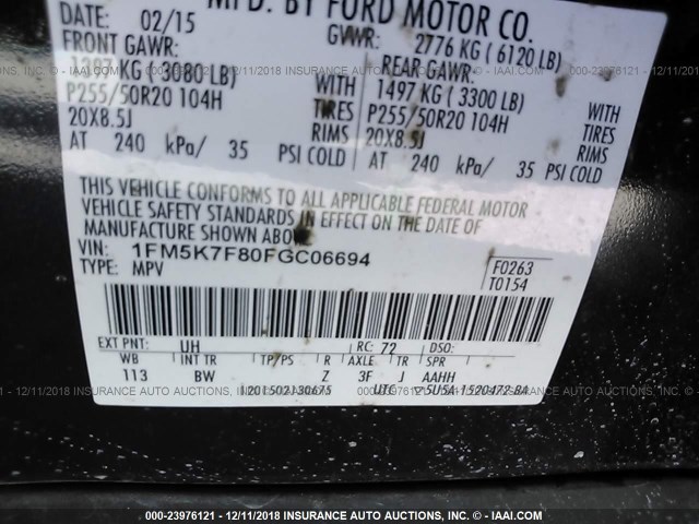 1FM5K7F80FGC06694 - 2015 FORD EXPLORER LIMITED BLACK photo 9