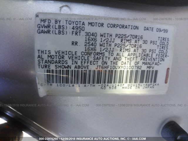 JT6HF10UXY0100782 - 2000 LEXUS RX 300 SILVER photo 9