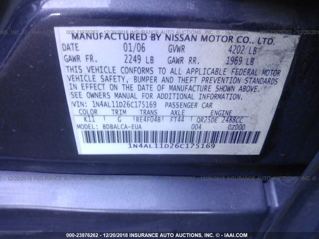 1N4AL11D26C175169 - 2006 NISSAN ALTIMA S/SL GRAY photo 9