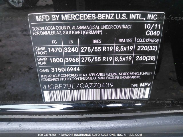 4JGBF7BE7CA770439 - 2012 MERCEDES-BENZ GL 450 4MATIC BLACK photo 9