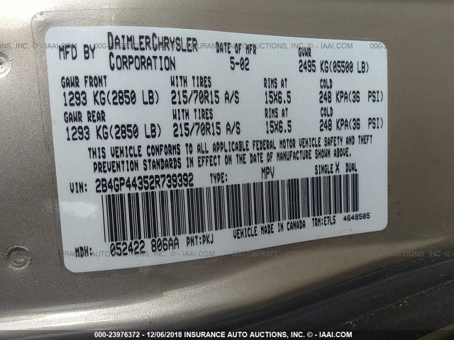 2B4GP44352R739392 - 2002 DODGE GRAND CARAVAN SPORT GOLD photo 9