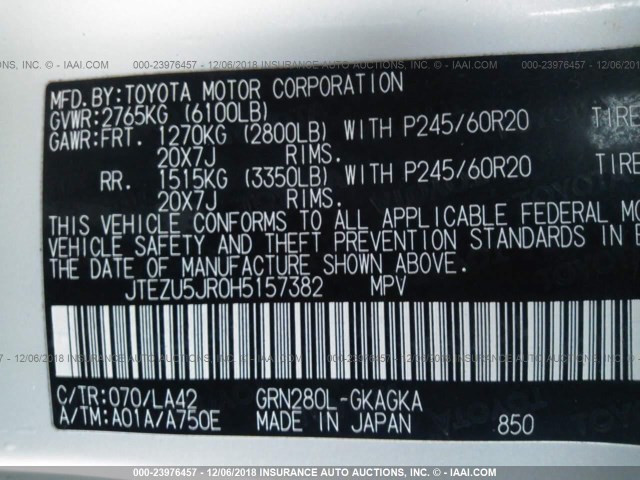 JTEZU5JR0H5157382 - 2017 TOYOTA 4RUNNER SR5/LIMITED/SR5 PREMIUM WHITE photo 9