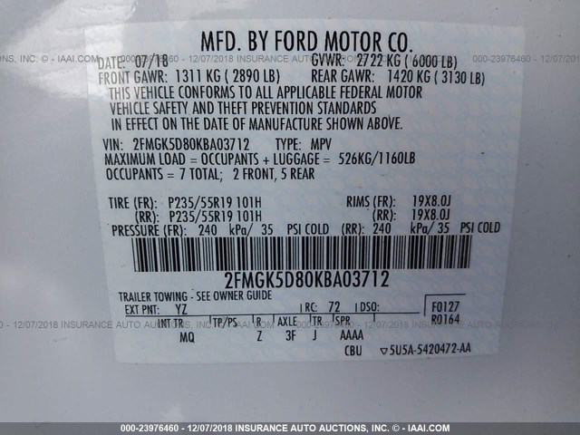 2FMGK5D80KBA03712 - 2019 FORD FLEX LIMITED WHITE photo 9