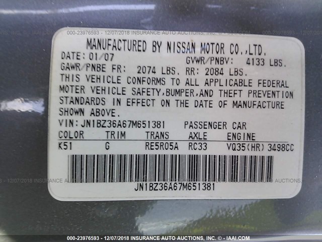 JN1BZ36A67M651381 - 2007 NISSAN 350Z ROADSTER GRAY photo 9