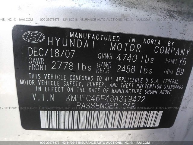 KMHFC46F48A319472 - 2008 HYUNDAI AZERA GRAY photo 9