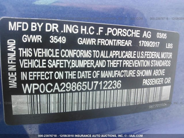 WP0CA29865U712236 - 2005 PORSCHE BOXSTER BLUE photo 9