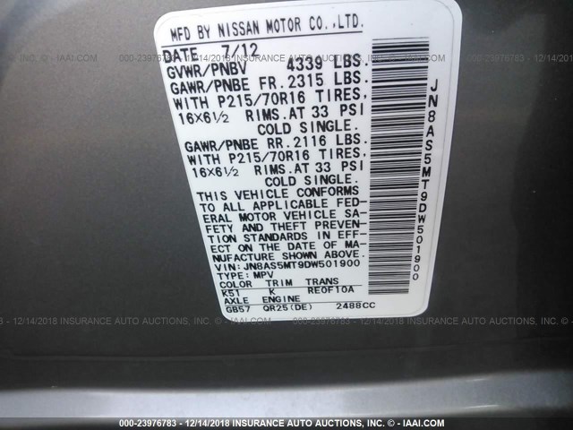 JN8AS5MT9DW501900 - 2013 NISSAN ROGUE S/SV GRAY photo 9