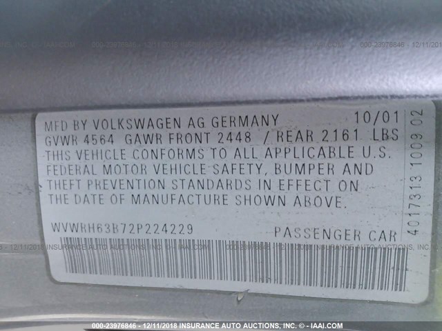 WVWRH63B72P224229 - 2002 VOLKSWAGEN PASSAT GLX 灰色 照片 9