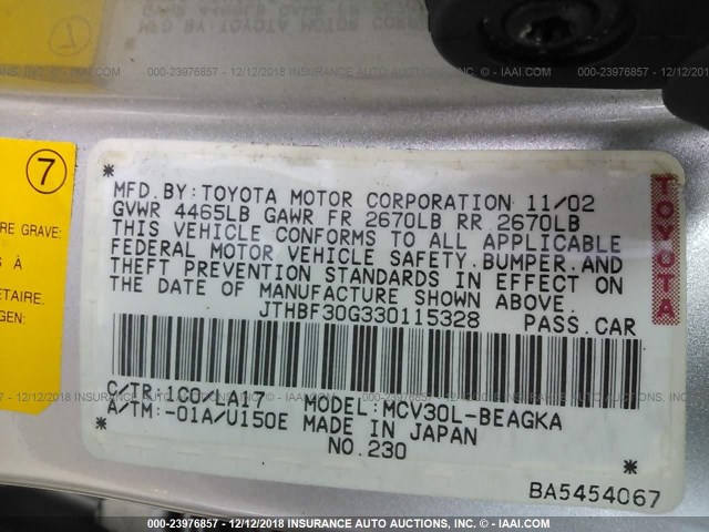 JTHBF30G330115328 - 2003 LEXUS ES 300 SILVER photo 9